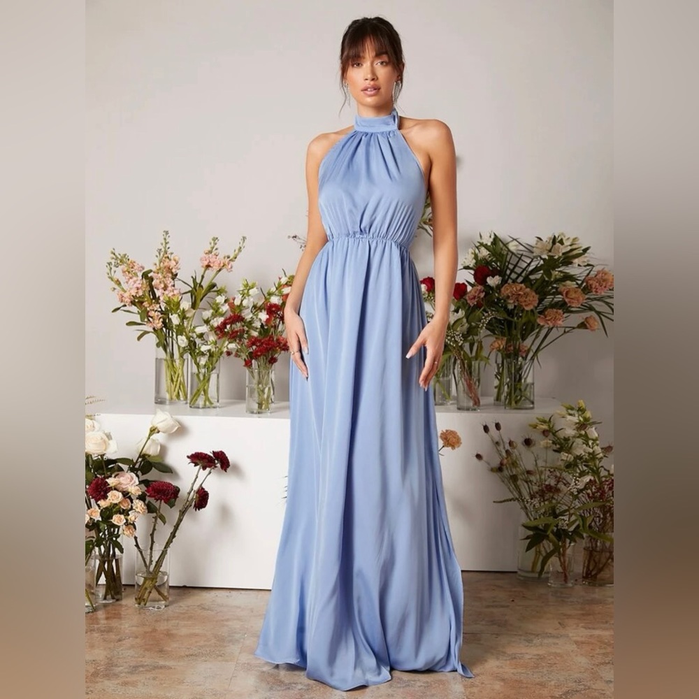 Shein Open Back Halter Blue Bridesmaid Maxi Dress